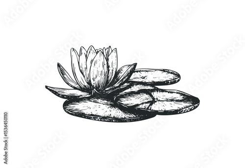 Hand-drawn water lily with detailed petals and leaves. Vector retro hand drawn illustration