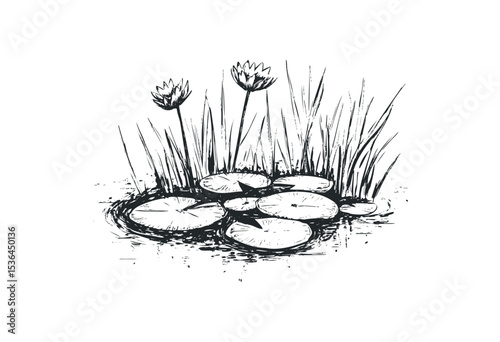 Sketch of lotus blossoms and lily pads in tranquil pond scene. Vector retro hand drawn illustration