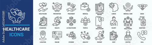 Healthcare icon set. Containing treatment, prevention, medical, health, diagnosis, report, illness, injury and more. Solid vector icons collection. 