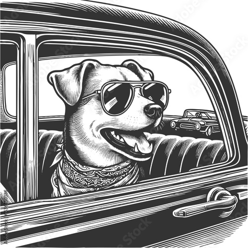 happy dog in sunglasses with its head out of a moving car window, fur blowing in the wind sketch engraving generative ai vector illustration. Scratch board imitation. Black and white image.