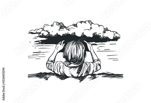 Child with headphones watching clouds over water in artistic drawing. Vector retro hand drawn illustration