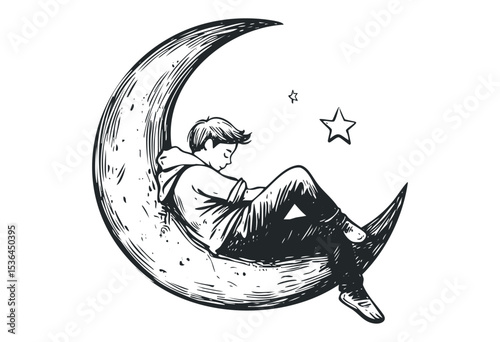 Young caucasian male sitting on crescent moon with stars illustration. Vector retro hand drawn illustration