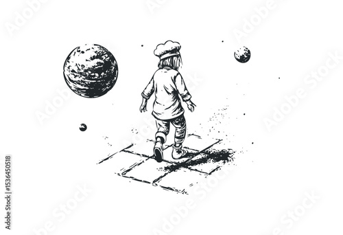 Child playing hopscotch in space with planets. Vector retro hand drawn illustration