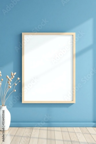 Blank frame mockup in minimalist blue room