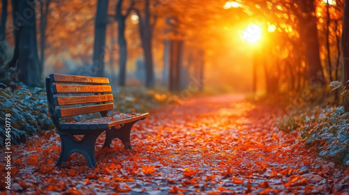 Autumn forest path. Orange color tree, red brown maple leaves in fall city park