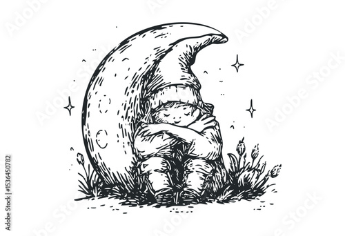 Sleeping gnome in a hat resting by a moon in a mystical garden scene. Vector retro hand drawn illustration