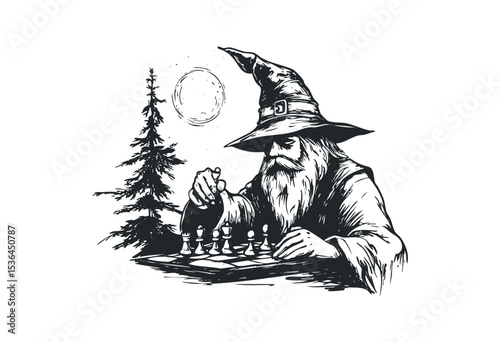 Wizard playing chess under the moon. Vector retro hand drawn illustration