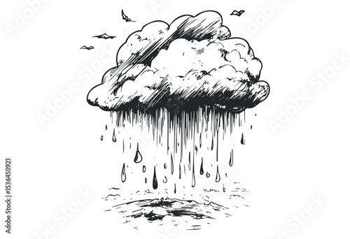 Monochrome illustration of rain cloud with birds dropping raindrops. Vector retro hand drawn illustration