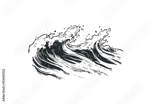 Detailed ink sketch of powerful ocean waves in motion. Vector retro hand drawn illustration