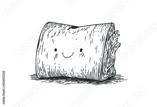 Smiling cartoon burrito with friendly face and simple cartoon style. Vector retro hand drawn illustration