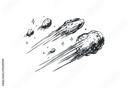Sketch of meteors and comets in motion across space. Vector retro hand drawn illustration