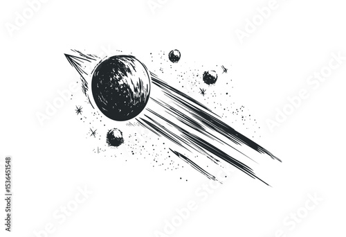 Black and white sketch of comet with meteor and stars. Vector retro hand drawn illustration
