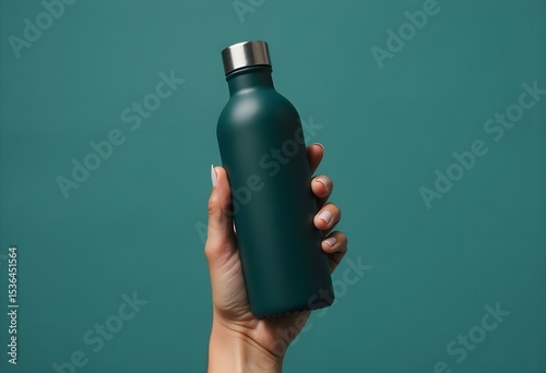 Hand Holding Dark Green Metal Water Bottle on Teal Background

