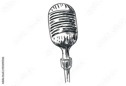 Vintage microphone drawing with detailed black ink lines. Vector retro hand drawn illustration