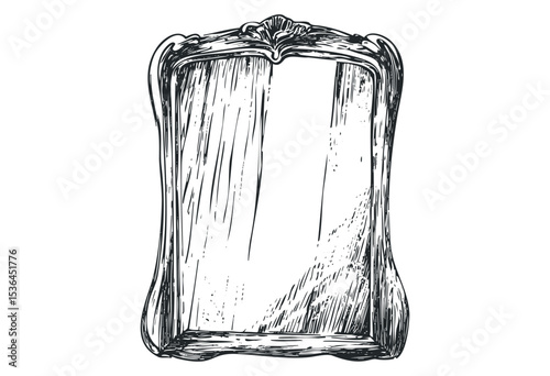 Vintage ornate framed mirror with intricate detailing. Vector retro hand drawn illustration