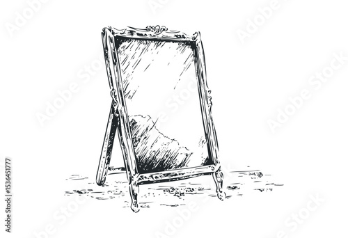 Ornate vintage mirror with detailed frame sketch. Vector retro hand drawn illustration