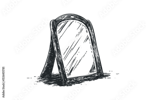Hand-drawn vintage tabletop mirror illustration with detailed carvings. Vector retro hand drawn illustration