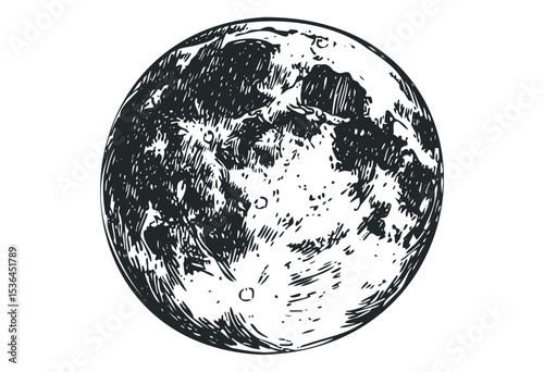 Detailed vintage style etching of the moon with craters. Vector retro hand drawn illustration