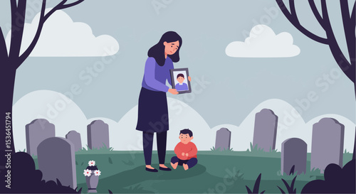 Mother and child visiting graveyard while holding a photo in memory, Flat vector Art    