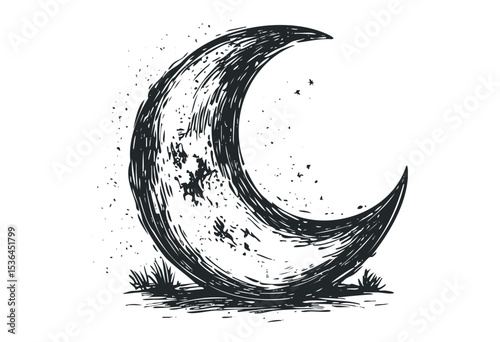 Artistic crescent moon with stars in detailed sketch style. Vector retro hand drawn illustration