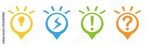 Set of colorful pin indicators, ideal for conveying concepts like innovation, quick solutions, alerts, and inquiries. modern graphic elements for engaging infographics and digital interfaces
