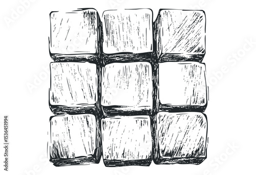 Hand-drawn sketch of nine sketchy squares in a 3x3 grid. Vector retro hand drawn illustration