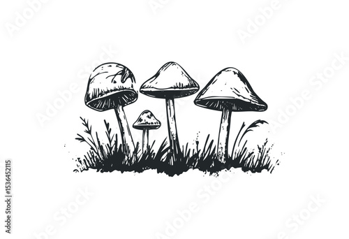 Illustration of wild mushrooms growing in nature with grassy details. Vector retro hand drawn illustration