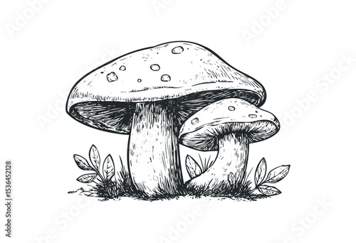 Detailed ink drawing of two mushrooms with leaves. Vector retro hand drawn illustration