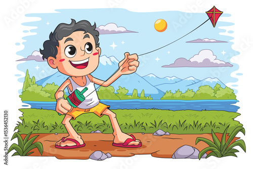 A Boy Flying a Kite by the River in Summer