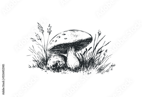 Monochrome illustration of wild mushrooms among grass stalks. Vector retro hand drawn illustration