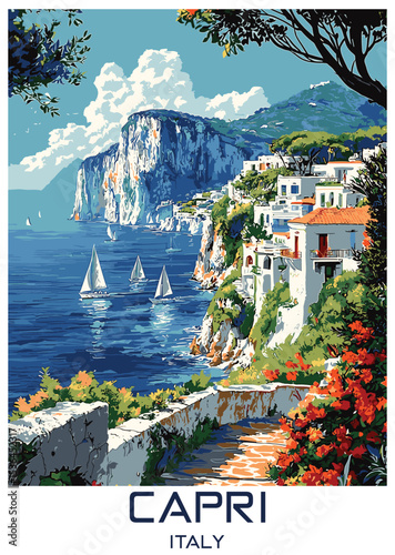 Capri, Italy. Vector illustration of Italian coastline with boats.