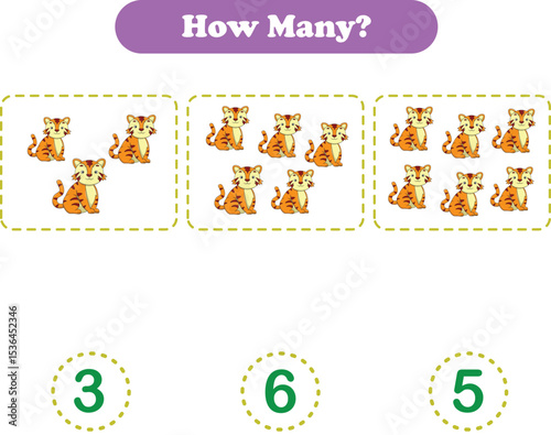 Counting game of wild animals for preschool kids. Counting tiger. Printable. Vector Illustration