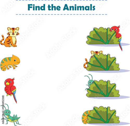 Find Hiding Animals. Child Exercise Sheet with wild animals. Printable worksheet. Cartoon vector illustration