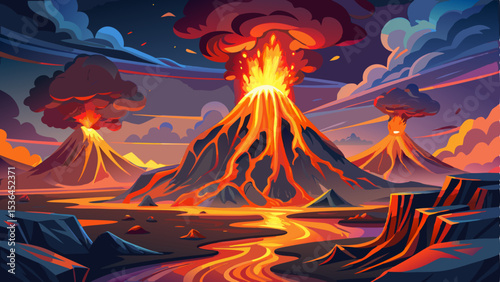 Amazing eruption of Fagradalsfjall volcano in Iceland, featuring bright glowing lava fountains and molten streams flowing over dark volcanic rocks. Thick smoke and ash clouds rise high into the sky