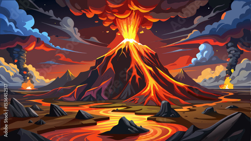 Amazing eruption of Fagradalsfjall volcano in Iceland, featuring bright glowing lava fountains and molten streams flowing over dark volcanic rocks. Thick smoke and ash clouds rise high into the sky