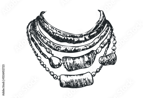 Hand-drawn layered necklace sketch with beaded details. Vector retro hand drawn illustration