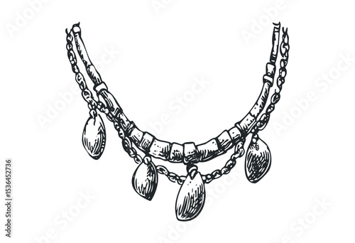 Antique hand-drawn necklace with pendants in vintage style. Vector retro hand drawn illustration