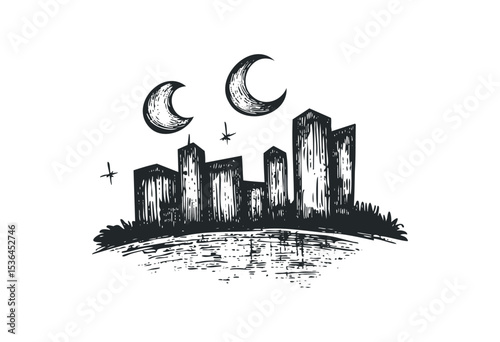 Monochrome urban skyline with crescent moons and stars. Vector retro hand drawn illustration