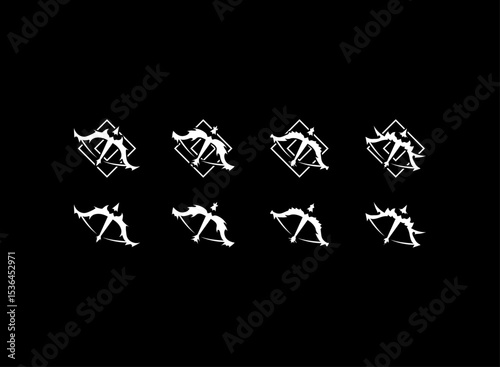 Fantasy RPG Game Logo Icon Set, bow archer marksman elemental weapon badge emblem