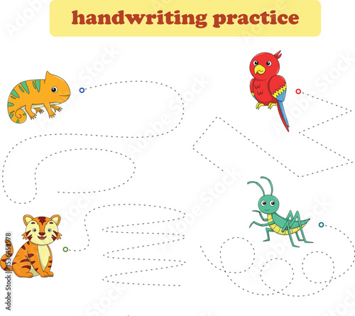 Handwriting Practice. Tracing lines for kids with animals. Vector Illustration