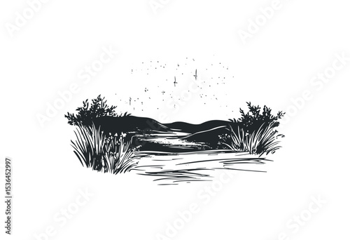 Starry night landscape sketch with desert horizon and bushes. Vector retro hand drawn illustration