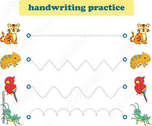 Handwriting Practice. Tracing lines for kids with animals. Vector Illustration