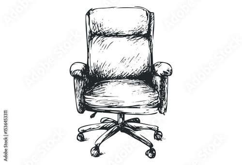 Sketch of an adjustable office chair with casters and armrests. Vector retro hand drawn illustration