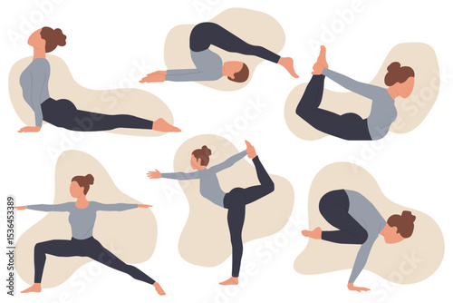 Vector set of women doing yoga poses. Flat style illustration for fitness, wellness, health apps, posters and social media. Modern faceless character design.