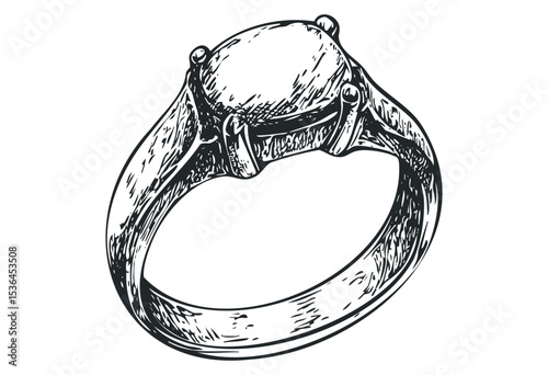 Detailed hand-drawn engagement ring with round diamond in black and white. Vector retro hand drawn illustration