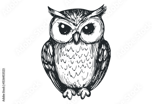 Hand-drawn owl sketch with intricate feather details. Vector retro hand drawn illustration