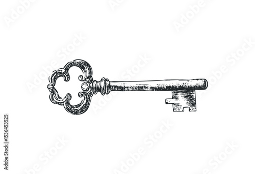 Vintage ornate skeleton key with intricate design. Vector retro hand drawn illustration