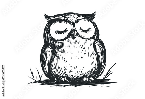 Hand-drawn sleeping owl sketch with closed eyes and simple details. Vector retro hand drawn illustration