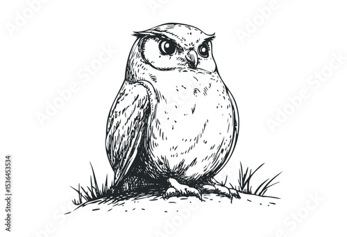 Detailed sketch of a pensive owl sitting on a patch of grass. Vector retro hand drawn illustration