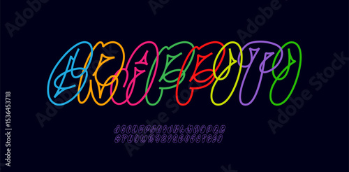 Graffiti italic font, comic alphabet in the street art style, funky narrow letters and numbers made outline, vector illustration 10EPS